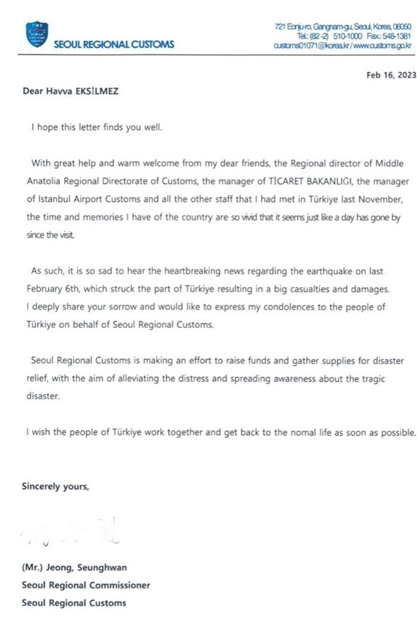 Kardeş Gümrük İdaremiz Seul Gümrüğünün Deprem Dolayısıyla Destek Mektubu!
